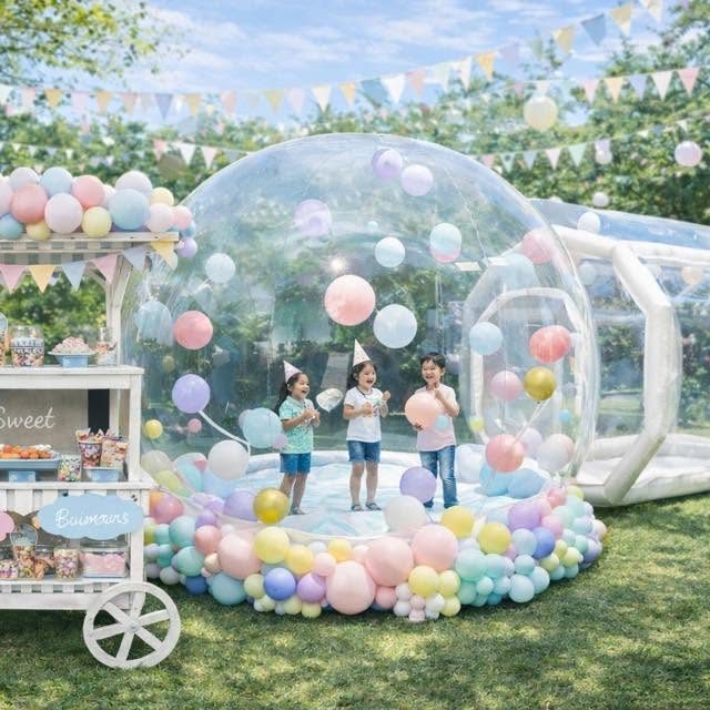 Trois enfants dans une bulle gonflable transparente remplie de ballons pastel, à côté d'un chariot à bonbons