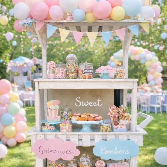 Chariot candy bar en bois blanc avec bocaux de bonbons et guimauves