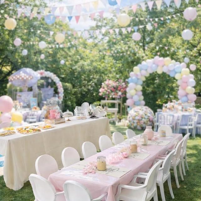 Grande tablée enfants nappe rose, chaises blanches et arche de ballons pastel dans un jardin